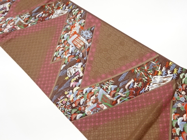 リサイクル　御所車に松竹梅・花々・古典柄模様織出し袋帯